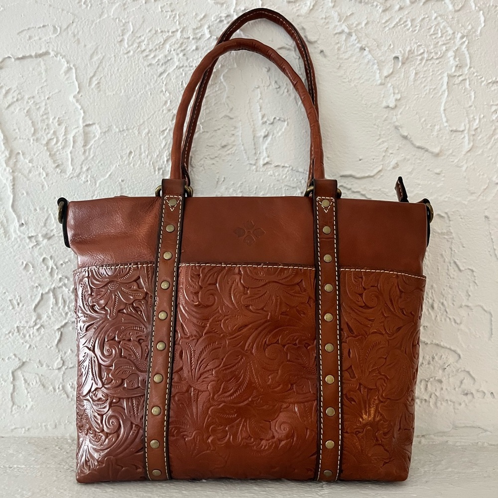 Patricia Nash Tooled cognac leather tote bag